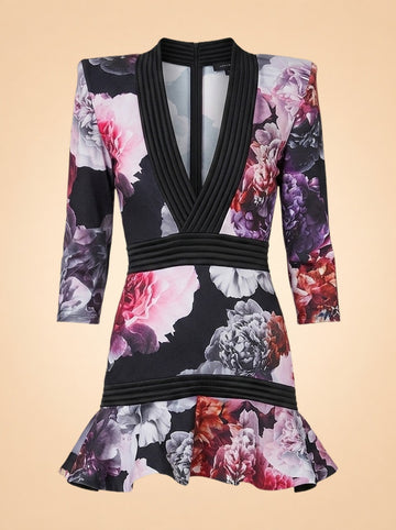 Zhivago Black Peony Floral Plunge Dress (ribbed trim) — front