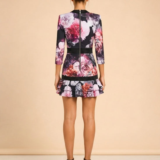 Zhivago Black Peony Floral Plunge Dress (ribbed trim) — on model, back