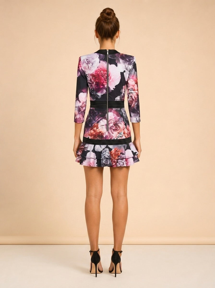 Zhivago Black Peony Floral Plunge Dress (ribbed trim) — on model, back