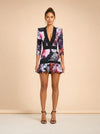 Zhivago Black Peony Floral Plunge Dress (ribbed trim) — on model, front