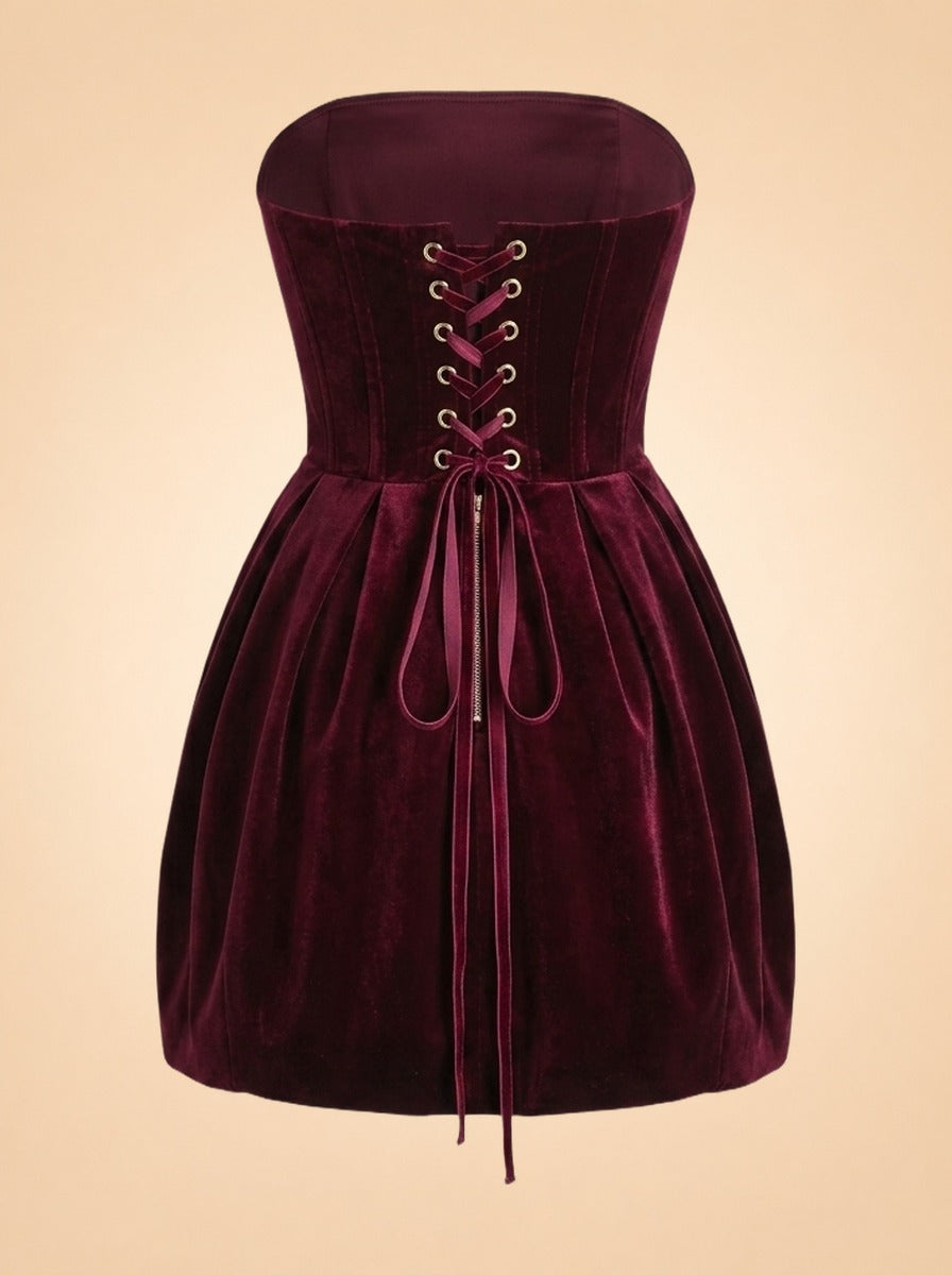 Bronx & Banco Burgundy Velvet Strapless Beaded Mini Dress — back