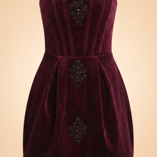 Bronx & Banco Burgundy Velvet Strapless Beaded Mini Dress — front