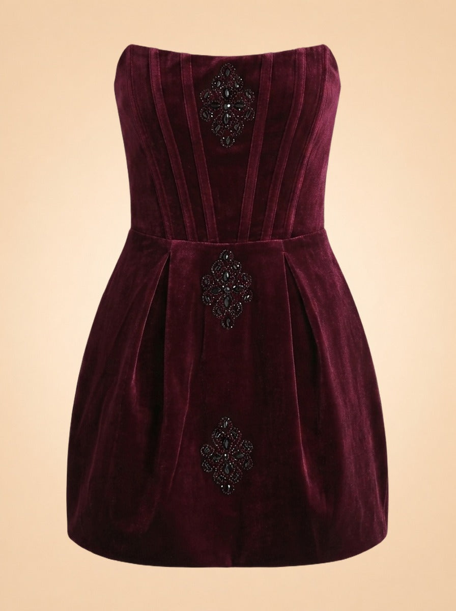 Bronx & Banco Burgundy Velvet Strapless Beaded Mini Dress — front