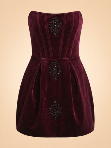 Bronx & Banco Burgundy Velvet Strapless Beaded Mini Dress — front