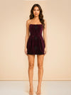 Bronx & Banco Burgundy Velvet Strapless Beaded Mini Dress — on model, front