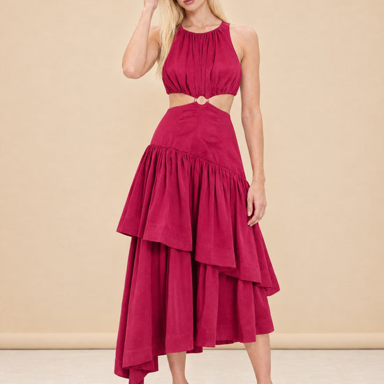 Caliente Cut-out Linen Dress - Fushia model_front