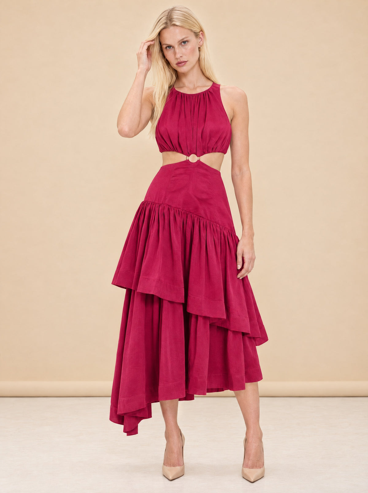 Caliente Cut-out Linen Dress - Fushia model_front