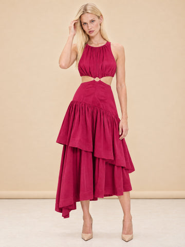Caliente Cut-out Linen Dress - Fushia model_front