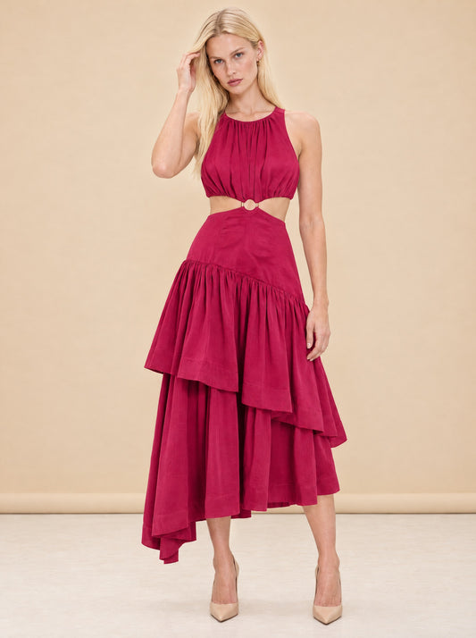 Caliente Cut-out Linen Dress - Fushia model_front