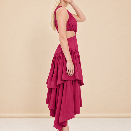 Caliente Cut-out Linen Dress - Fushia model_side