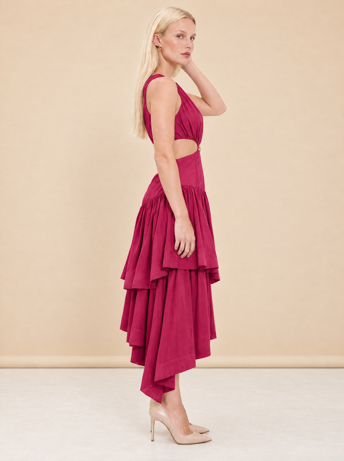 Caliente Cut-out Linen Dress - Fushia model_side