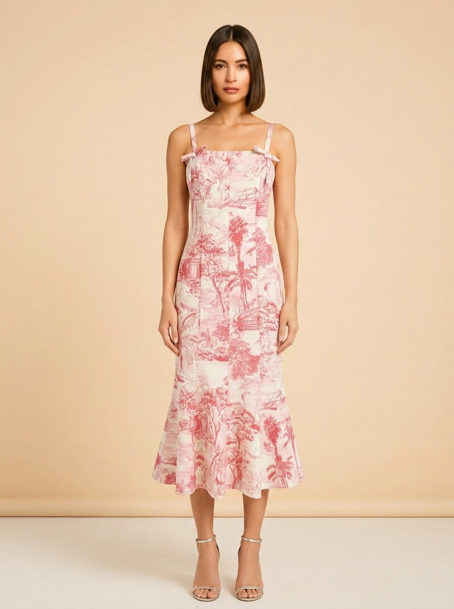 Calista Sleeveless Toile Print Midi Dress model_front