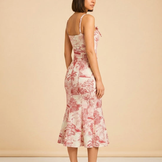 Calista Sleeveless Toile Print Midi Dress model_over_shoulder