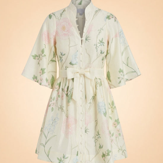 Mestiza New York Carmen Floral-Print Bow Mini Dress (cream/hummingbird) — front