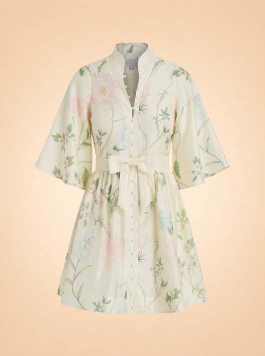 Mestiza New York Carmen Floral-Print Bow Mini Dress (cream/hummingbird) — front