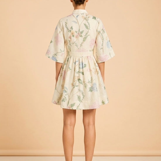 Mestiza New York Carmen Floral-Print Bow Mini Dress (cream/hummingbird) — on model, back