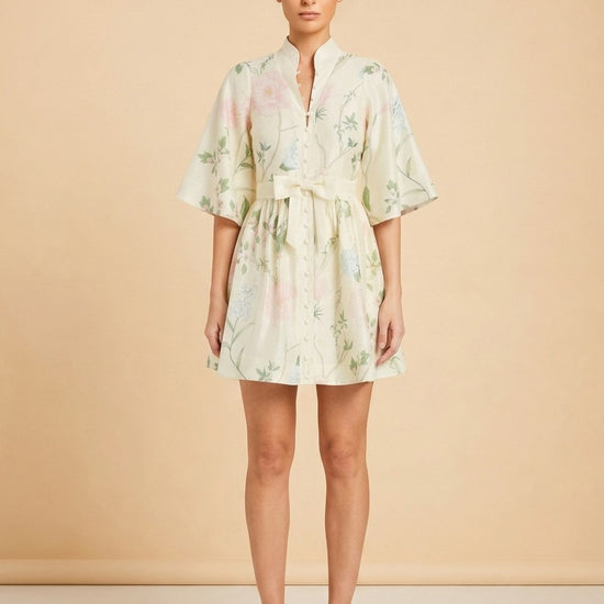 Mestiza New York Carmen Floral-Print Bow Mini Dress (cream/hummingbird) — on model, front