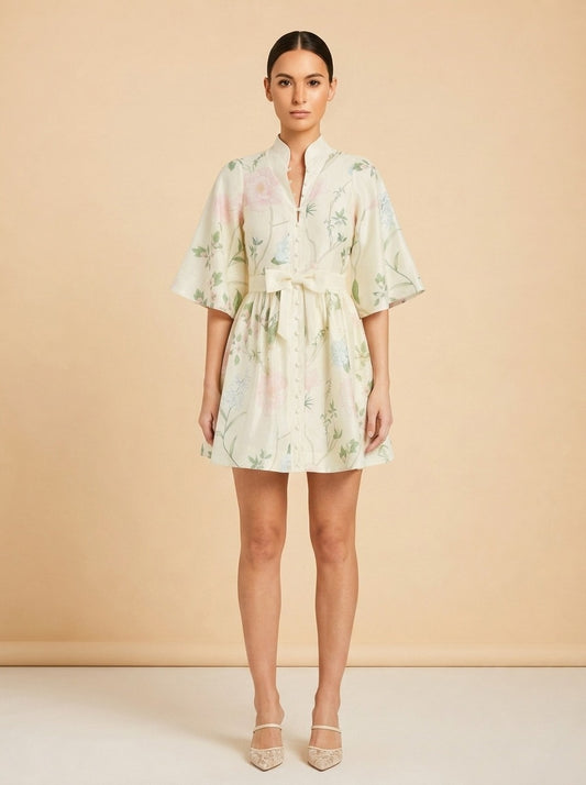 Mestiza New York Carmen Floral-Print Bow Mini Dress (cream/hummingbird) — on model, front