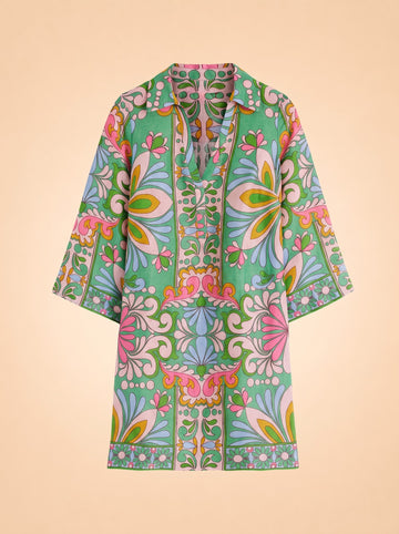 Carmen Linen Short Dress-Multi, Bloom Tapestry ghost_front