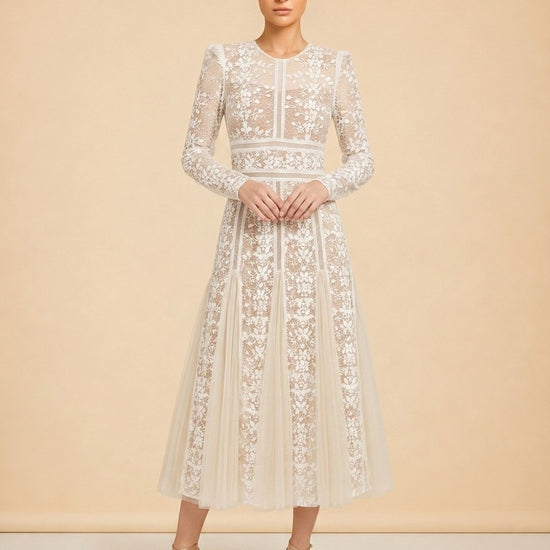 Bronx & Banco Casey Lace Long-Sleeve Mini Dress (white) — on model, front