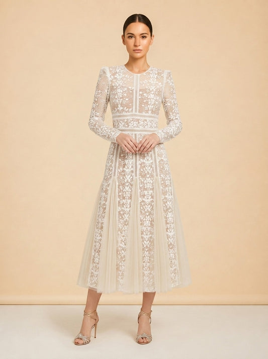 Bronx & Banco Casey Lace Long-Sleeve Mini Dress (white) — on model, front
