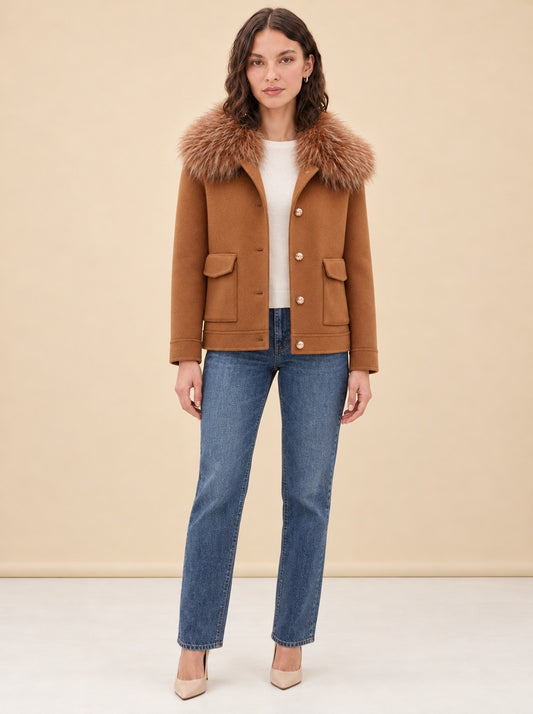 Cashmere Bomber Jacket With Detachable Fur Collar model_front