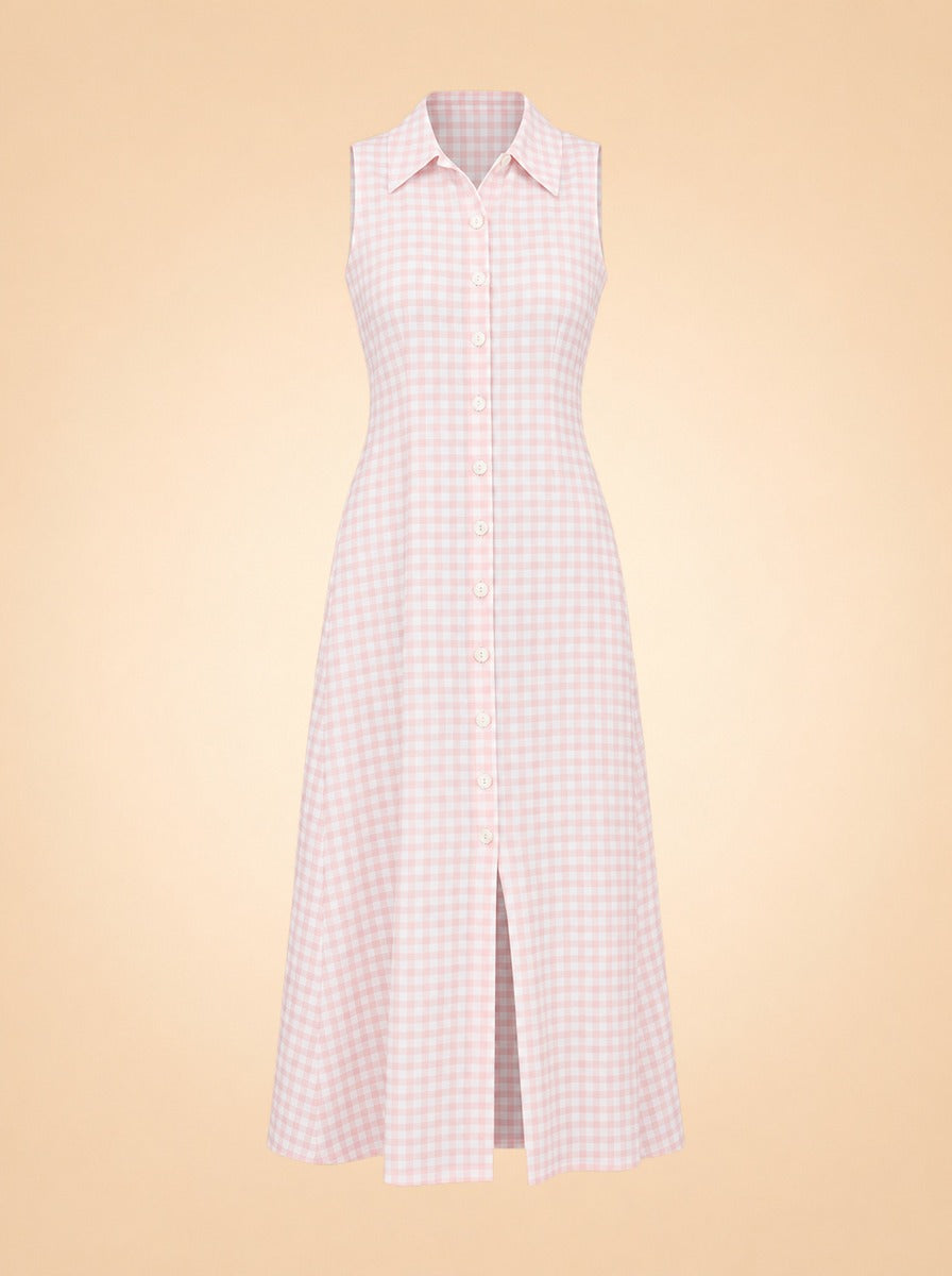 Gingham Sleeveless Button-Front Midi Shirt Dress — ghost front