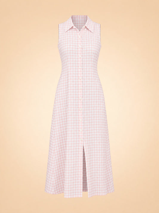 Gingham Sleeveless Button-Front Midi Shirt Dress — ghost front