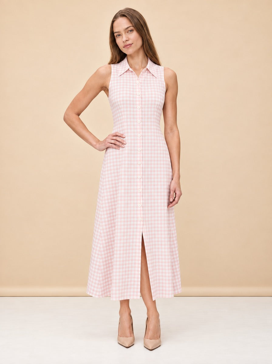Gingham Sleeveless Button-Front Midi Shirt Dress — model front 2