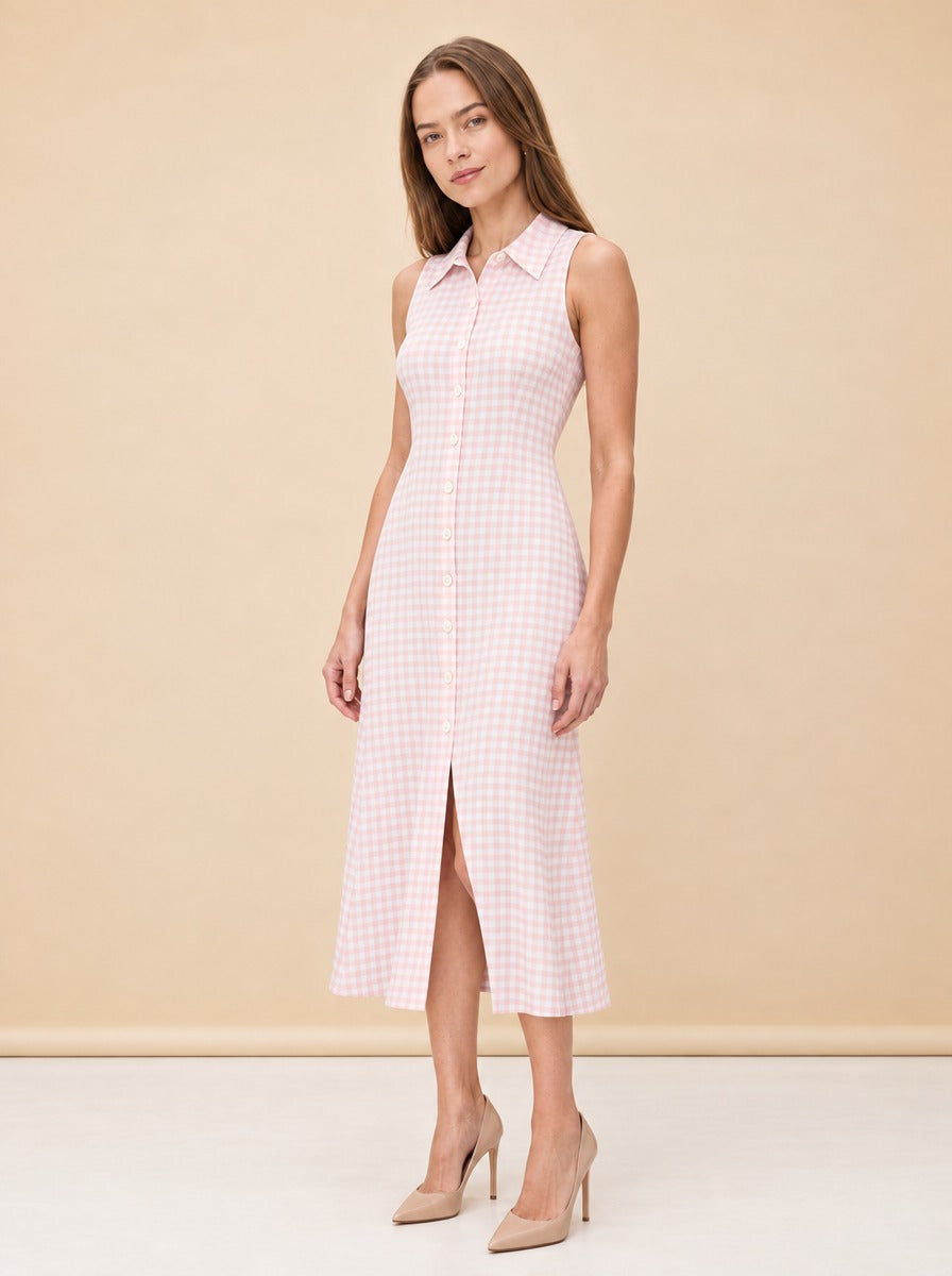 Gingham Sleeveless Button-Front Midi Shirt Dress — model front 3