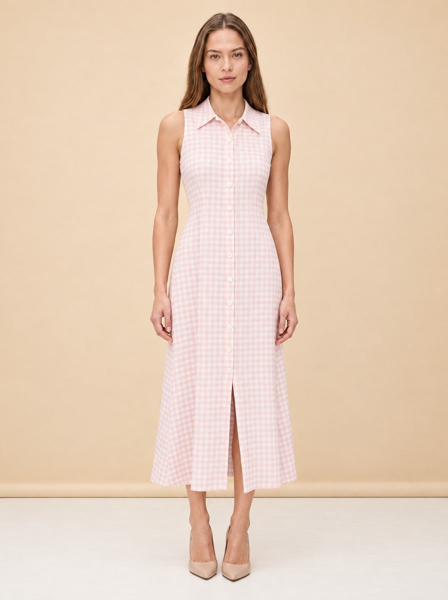 Gingham Sleeveless Button-Front Midi Shirt Dress — model front