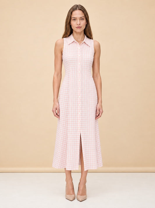 Gingham Sleeveless Button-Front Midi Shirt Dress — model front