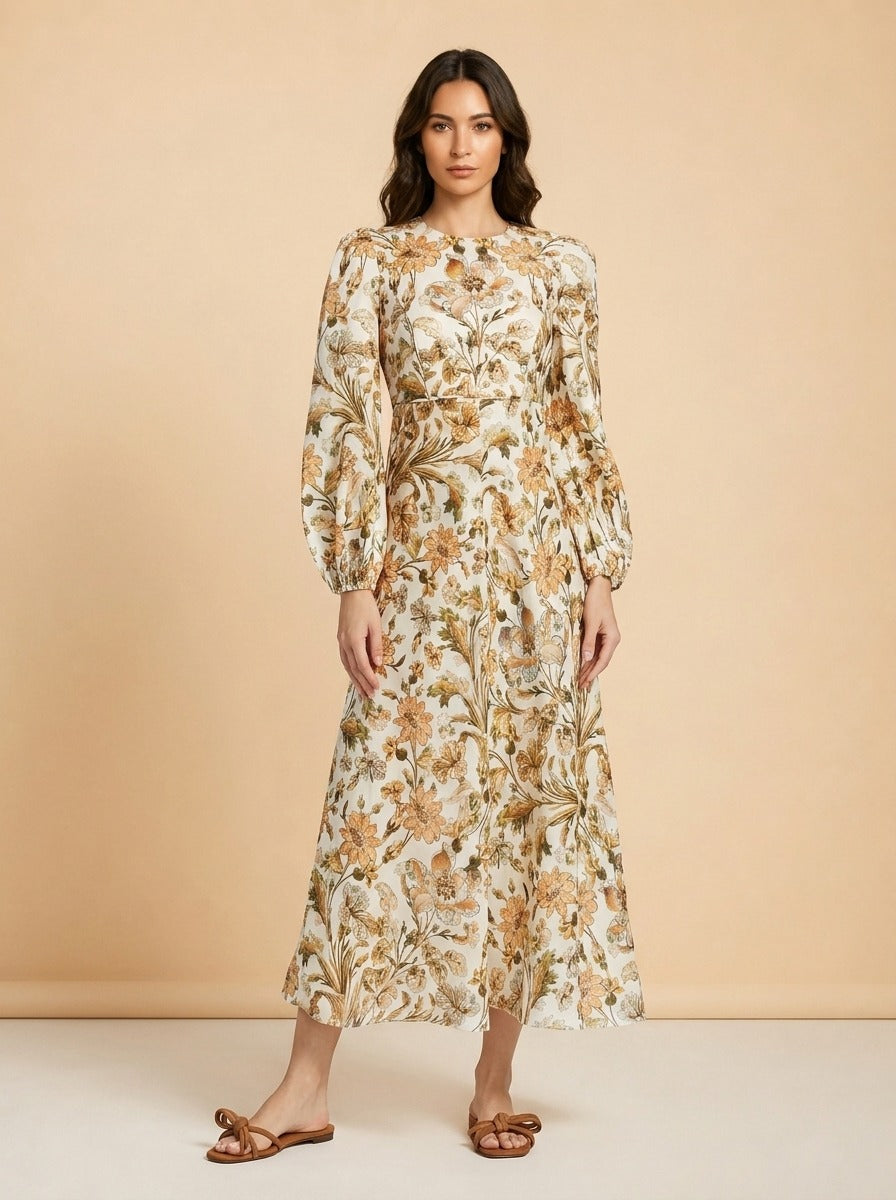 Chintz Floral Linen Midi-Dress model_front