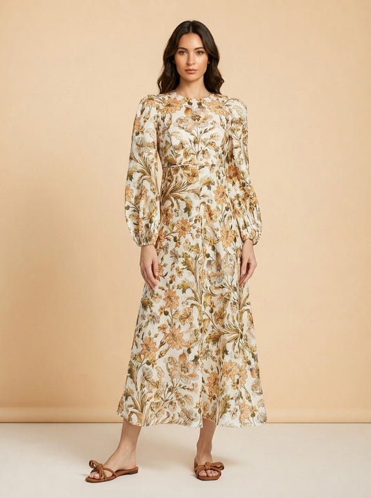 Chintz Floral Linen Midi-Dress model_front