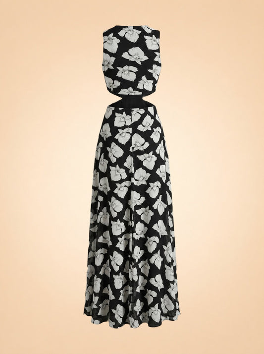 Black Floral One-Shoulder Cutout Maxi Dress
