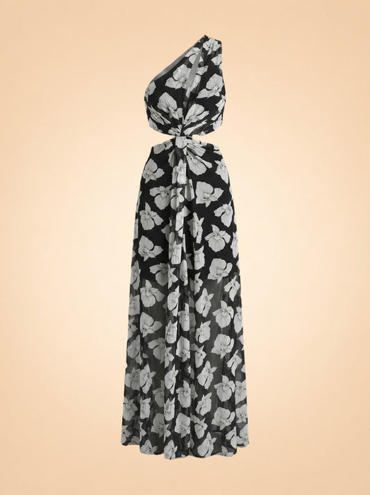 Black Floral One-Shoulder Cutout Maxi Dress