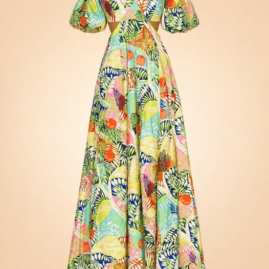 STAUD Coliseum Cotton Linen Maxi Dress Cutout Tropical Floral Vacation Size 2 MK ghost_front