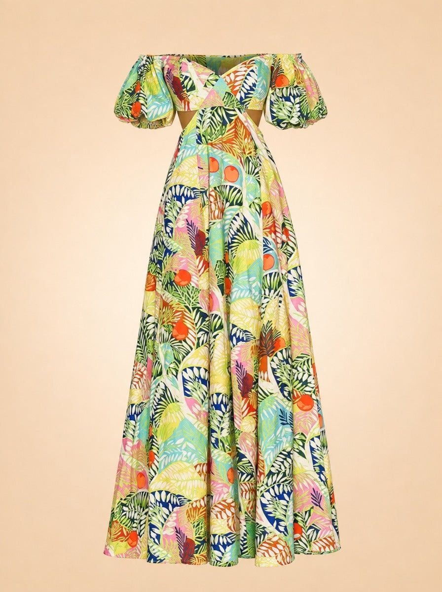 STAUD Coliseum Cotton Linen Maxi Dress Cutout Tropical Floral Vacation Size 2 MK ghost_front