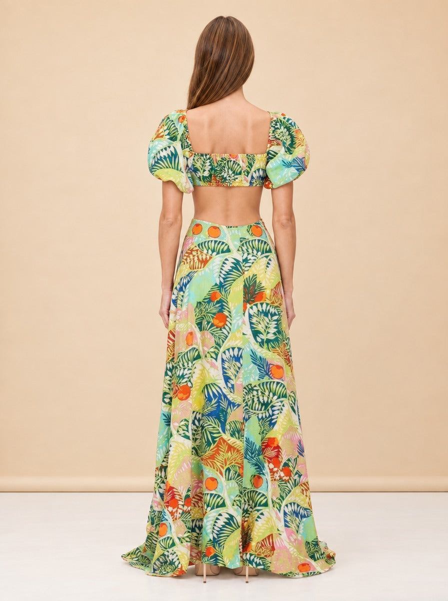 STAUD Coliseum Cotton Linen Maxi Dress Cutout Tropical Floral Vacation Size 2 MK model_back