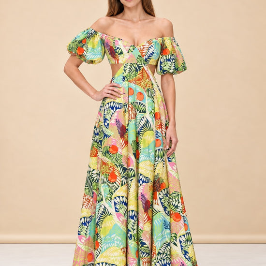 STAUD Coliseum Cotton Linen Maxi Dress Cutout Tropical Floral Vacation Size 2 MK model_front_2
