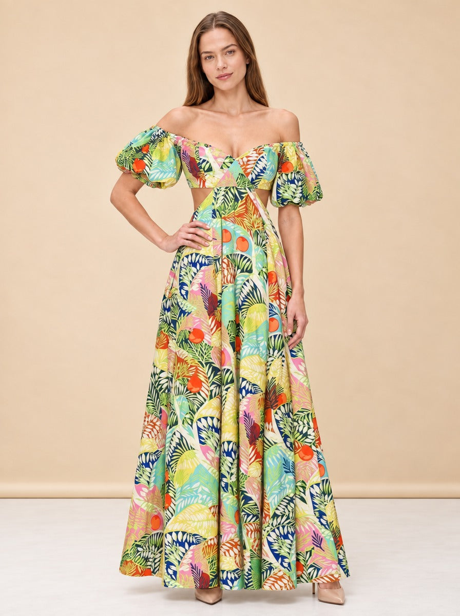 STAUD Coliseum Cotton Linen Maxi Dress Cutout Tropical Floral Vacation Size 2 MK model_front_2