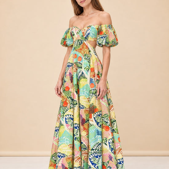 STAUD Coliseum Cotton Linen Maxi Dress Cutout Tropical Floral Vacation Size 2 MK model_front_3