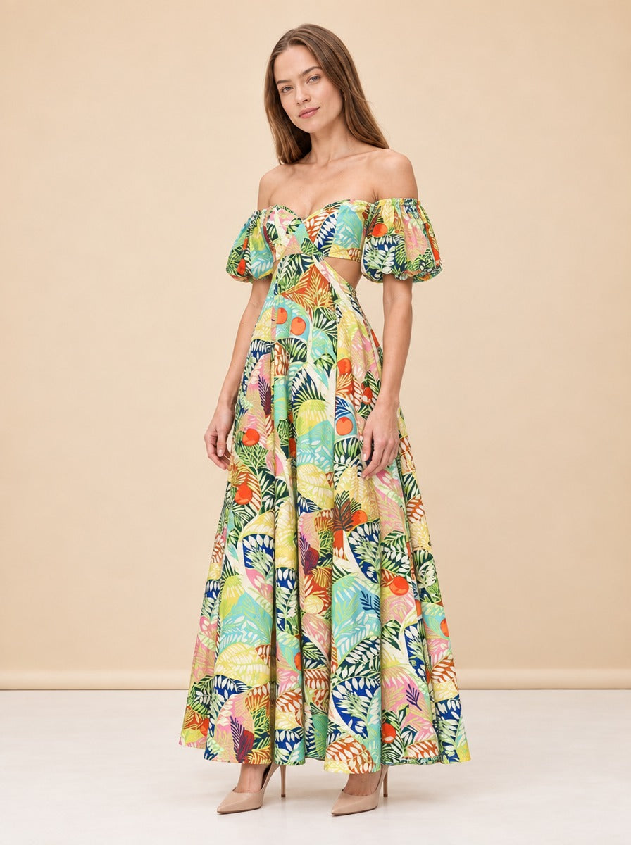 STAUD Coliseum Cotton Linen Maxi Dress Cutout Tropical Floral Vacation Size 2 MK model_front_3