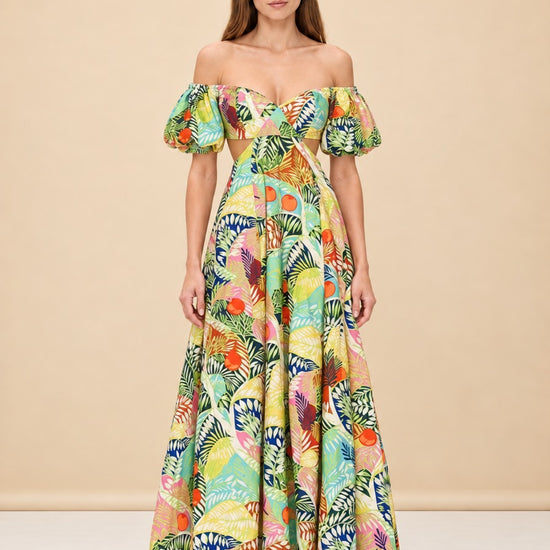 STAUD Coliseum Cotton Linen Maxi Dress Cutout Tropical Floral Vacation Size 2 MK model_front