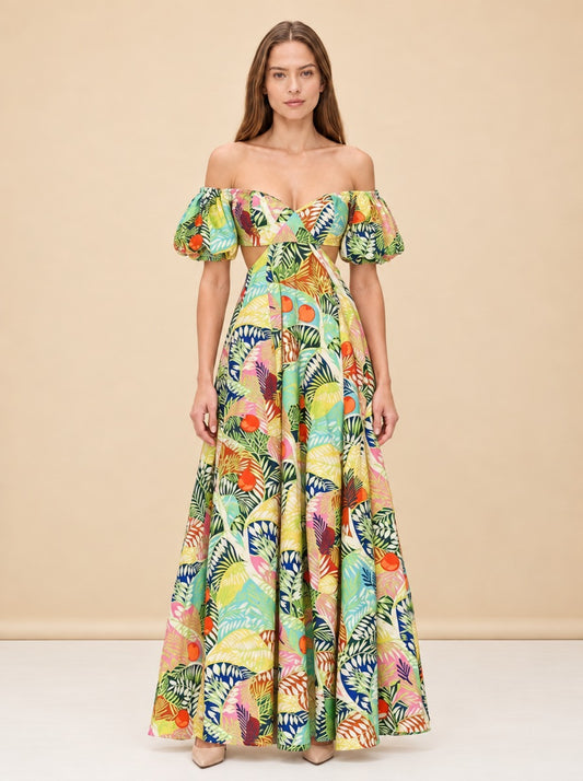 STAUD Coliseum Cotton Linen Maxi Dress Cutout Tropical Floral Vacation Size 2 MK model_front