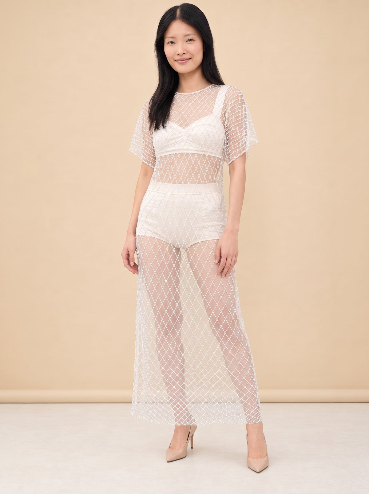 Wraith Beaded Tulle Midi Dress — model front 2
