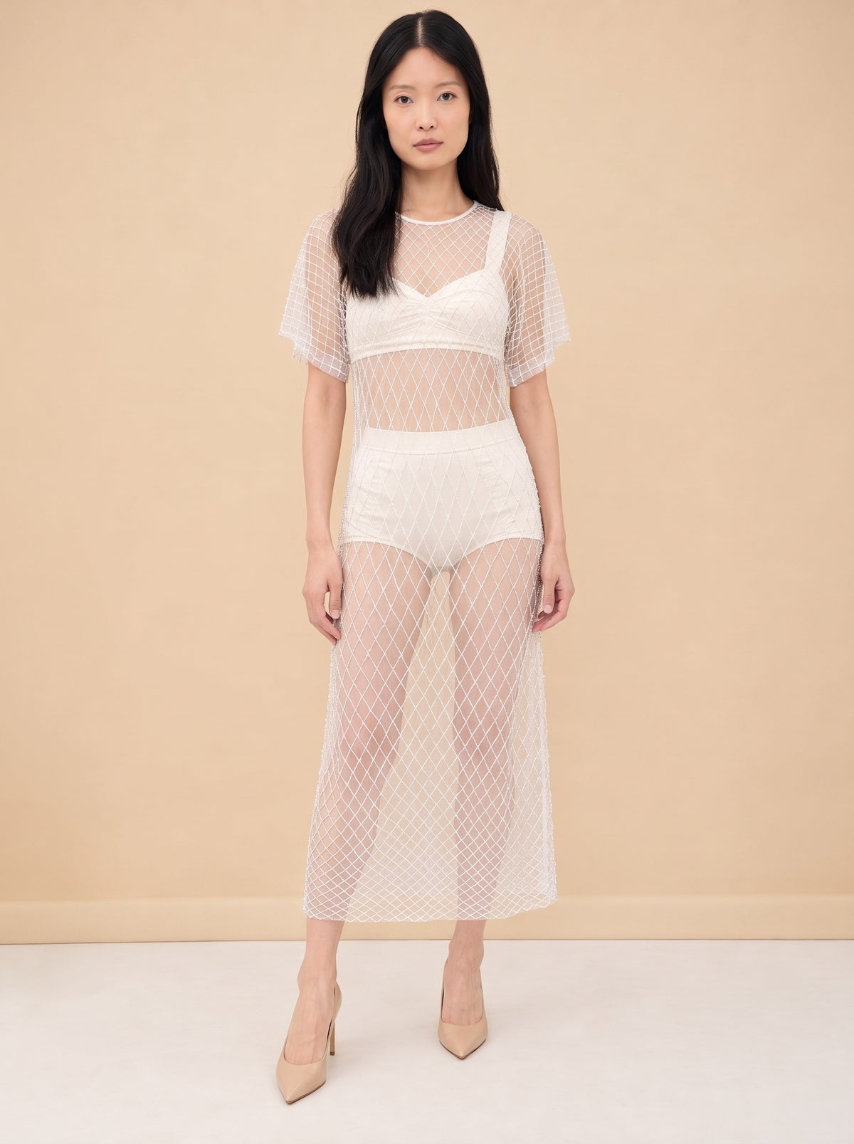 Wraith Beaded Tulle Midi Dress — model front