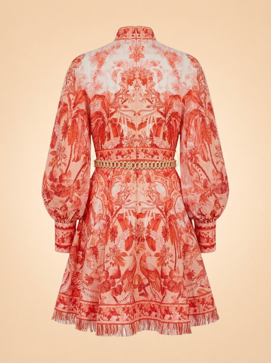 Zimmermann Coral/Red Palm & Floral Print Linen Dress — back