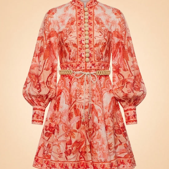 Zimmermann Coral/Red Palm & Floral Print Linen Dress — front