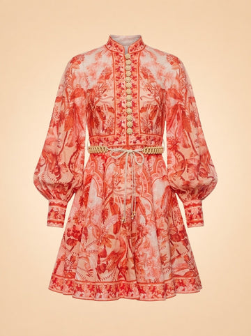 Zimmermann Coral/Red Palm & Floral Print Linen Dress — front
